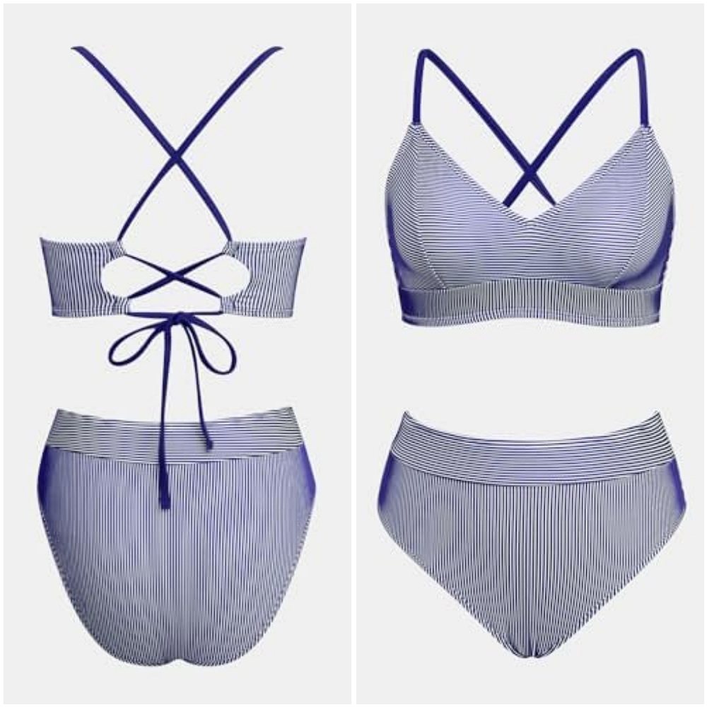 NWT Cupshe Blue Holographic V Two Piece Lace Bikini Swimsuit High Rise Bathing L - Picture 6 of 10